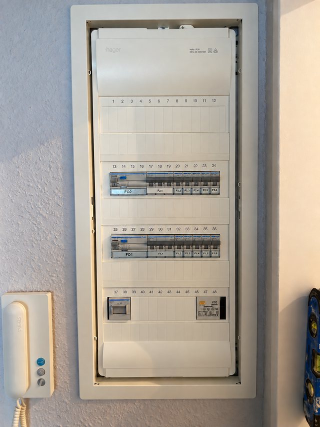 Fertig montierter Unterputz-Kleinverteiler in einer Wohnung neben der Türsprechanlage